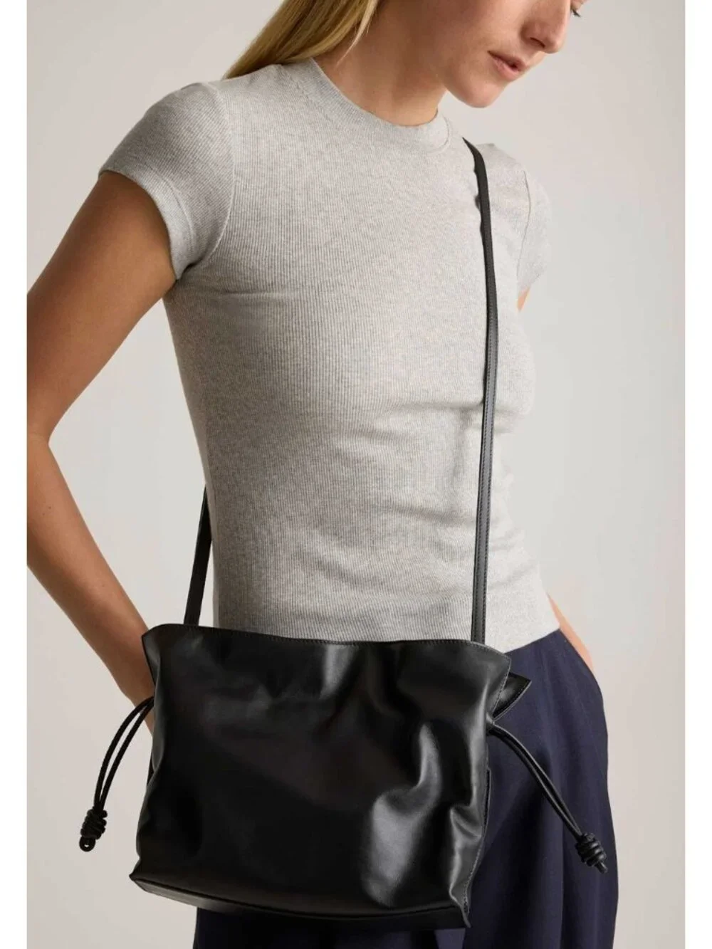 QUINCE Italian Leather Drawstring Pouch Crossbody Bag Black